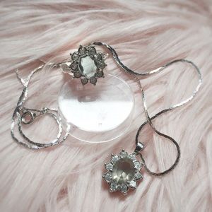 Vintage Set Smokey Grey Gem Necklace+Ring